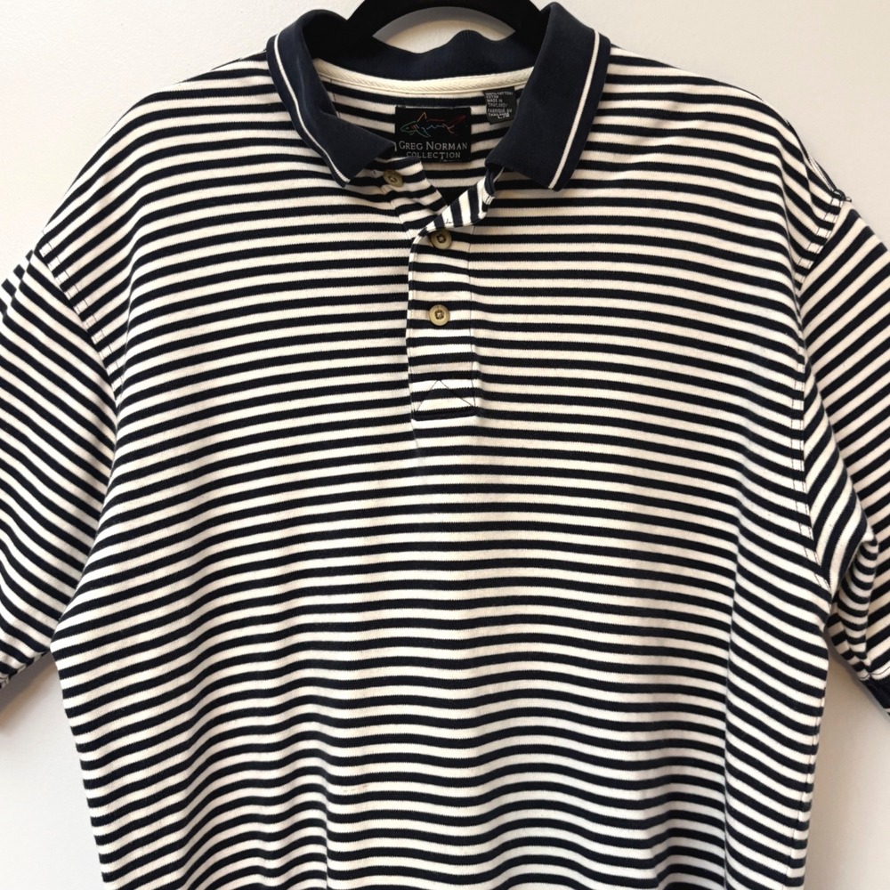 Greg‎ Norman 100% Cotton Mens Striped Polo Shirt Short Sleeve Navy White LG Golf
